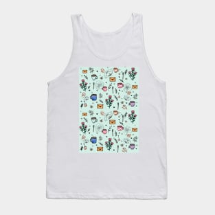 Teacup, mail, bees and floral pattern Tank Top